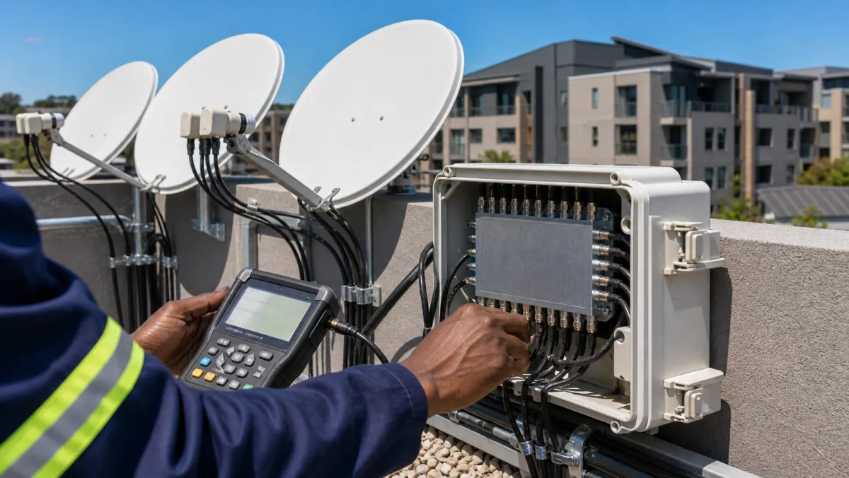 Technician maintaining a communal satellite distribution system