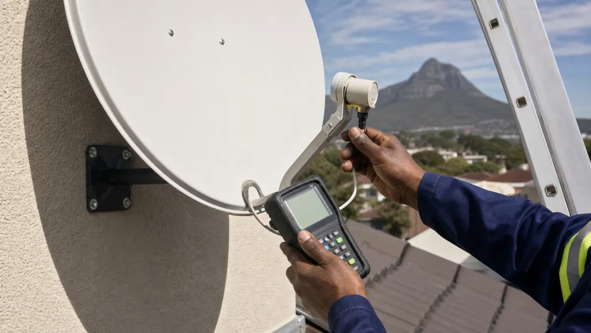 Technician aligning a satellite dish with a signal meter