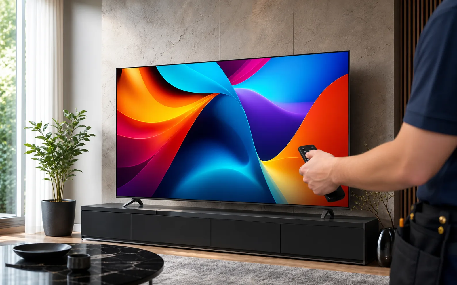 Modern OLED TV being tested onsite with a remote